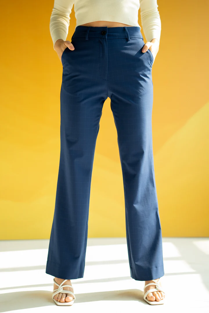 Electric Blue Checks Women Formal Pants - Image 5