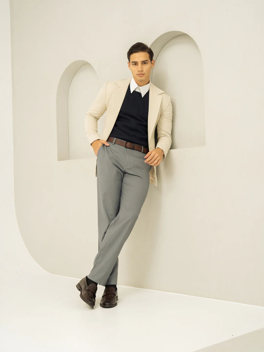 Elephant Grey Mini Checks Relaxed Fit Stretch Formal Pants - Image 9