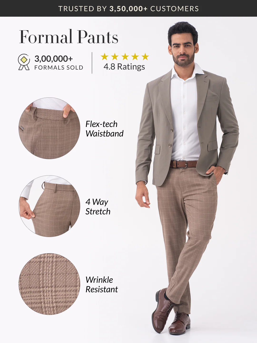 Elk Brown Checks Slim Fit Stretch Formal Pants - Image 2