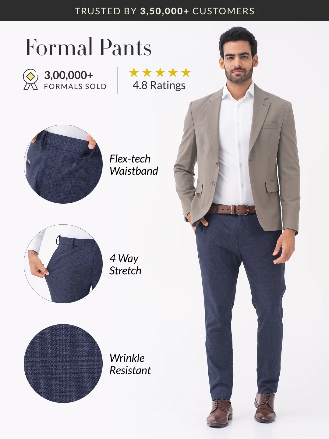 Finch Navy Checks Slim Fit Stretch Formal Pants - Image 2