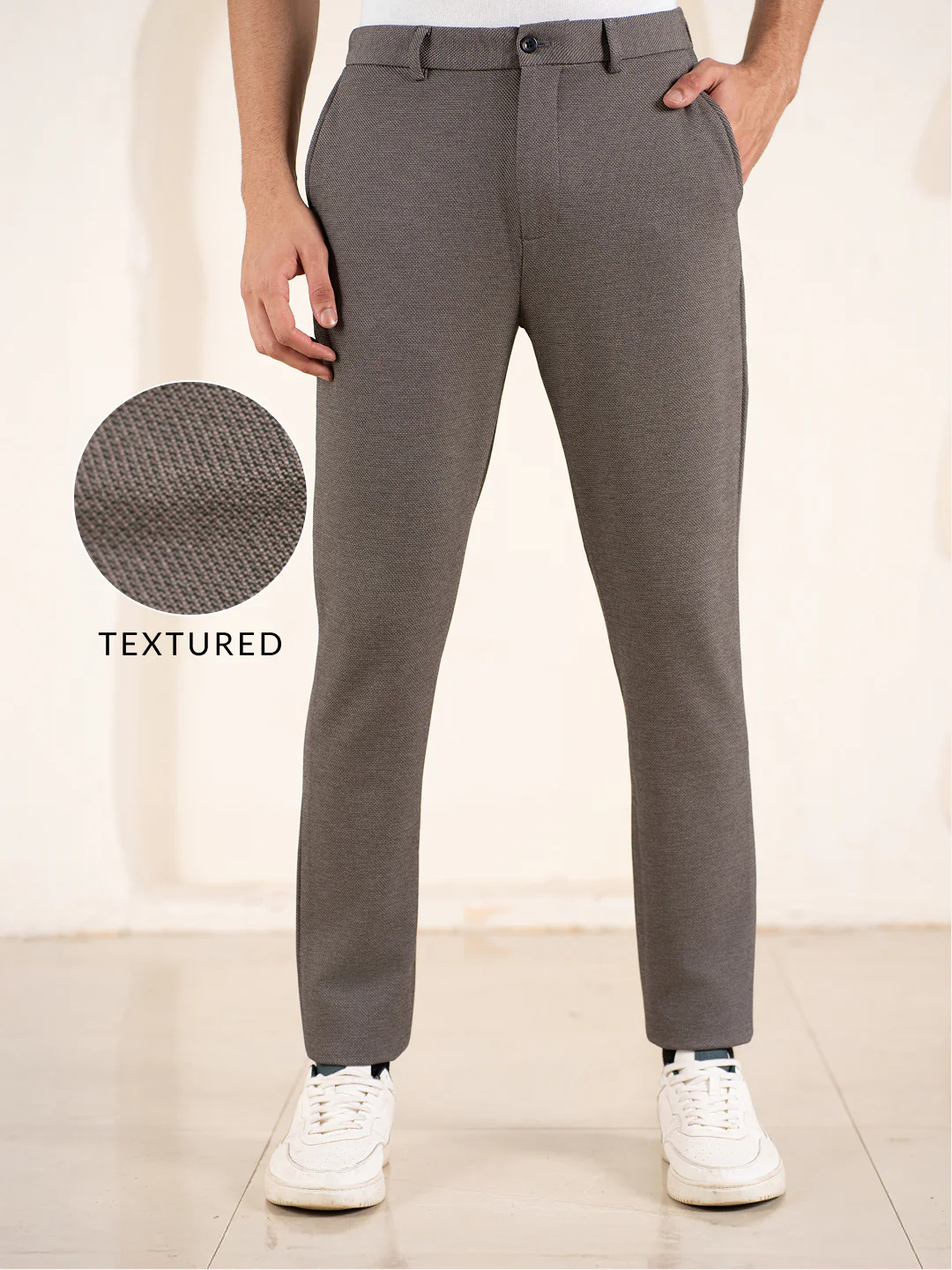 Geometry Beige Textured Slim Fit Power Stretch Pants - Image 2