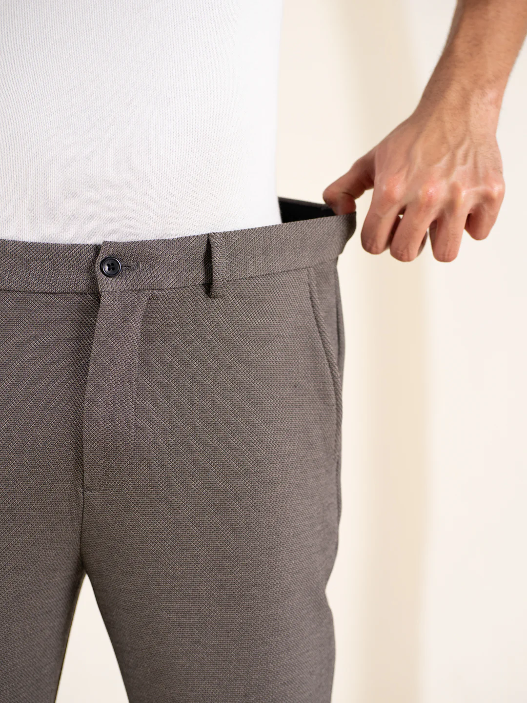 Geometry Beige Textured Slim Fit Power Stretch Pants - Image 4
