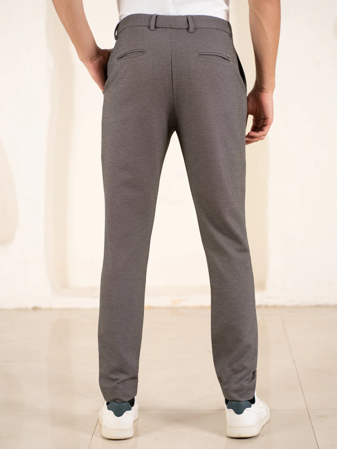 Geometry Beige Textured Slim Fit Power Stretch Pants - Image 6