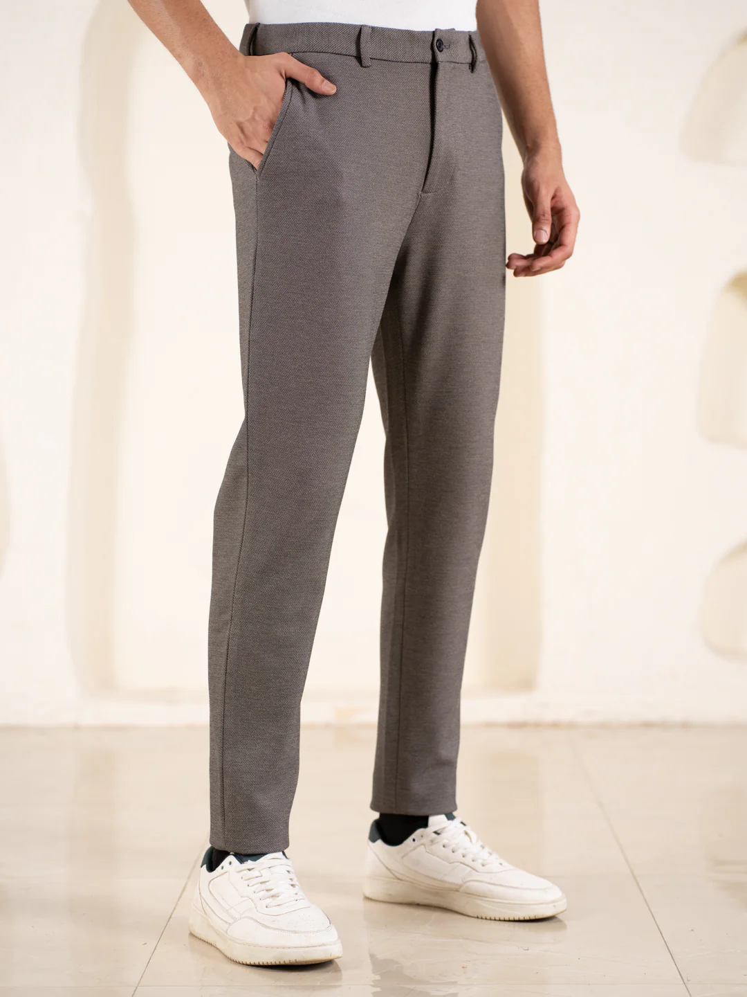 Geometry Beige Textured Slim Fit Power Stretch Pants - Image 7