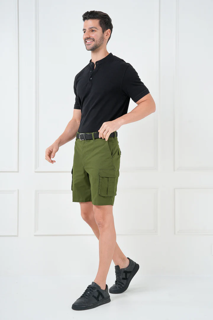 Green Ripstop Textured Cargo Shorts - Image 7