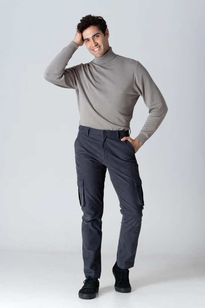 Grey Corduroy Stretch Cargo Pants - Image 3