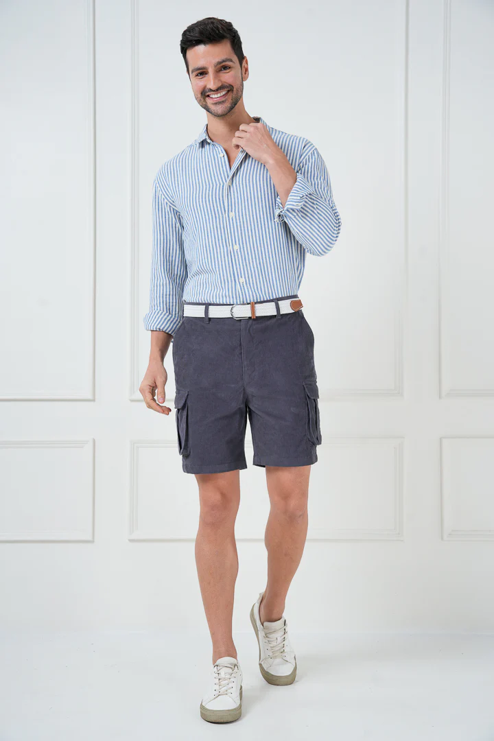 Grey Corduroy Stretch Cargo Shorts - Image 3