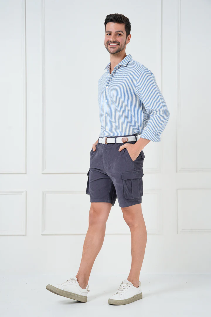 Grey Corduroy Stretch Cargo Shorts - Image 8