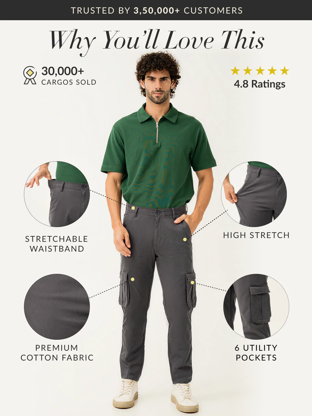 Cave Grey Slim Fit Stretch Cargo Pants - Image 2