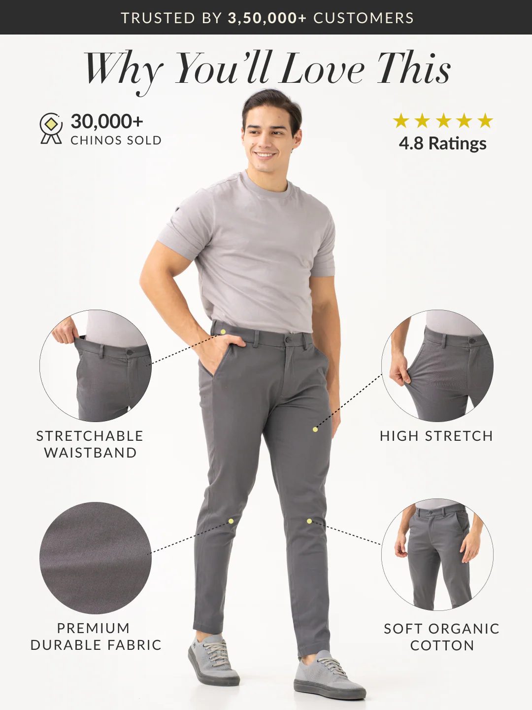 Goal Grey Slim Fit Stretch Chinos - Image 3