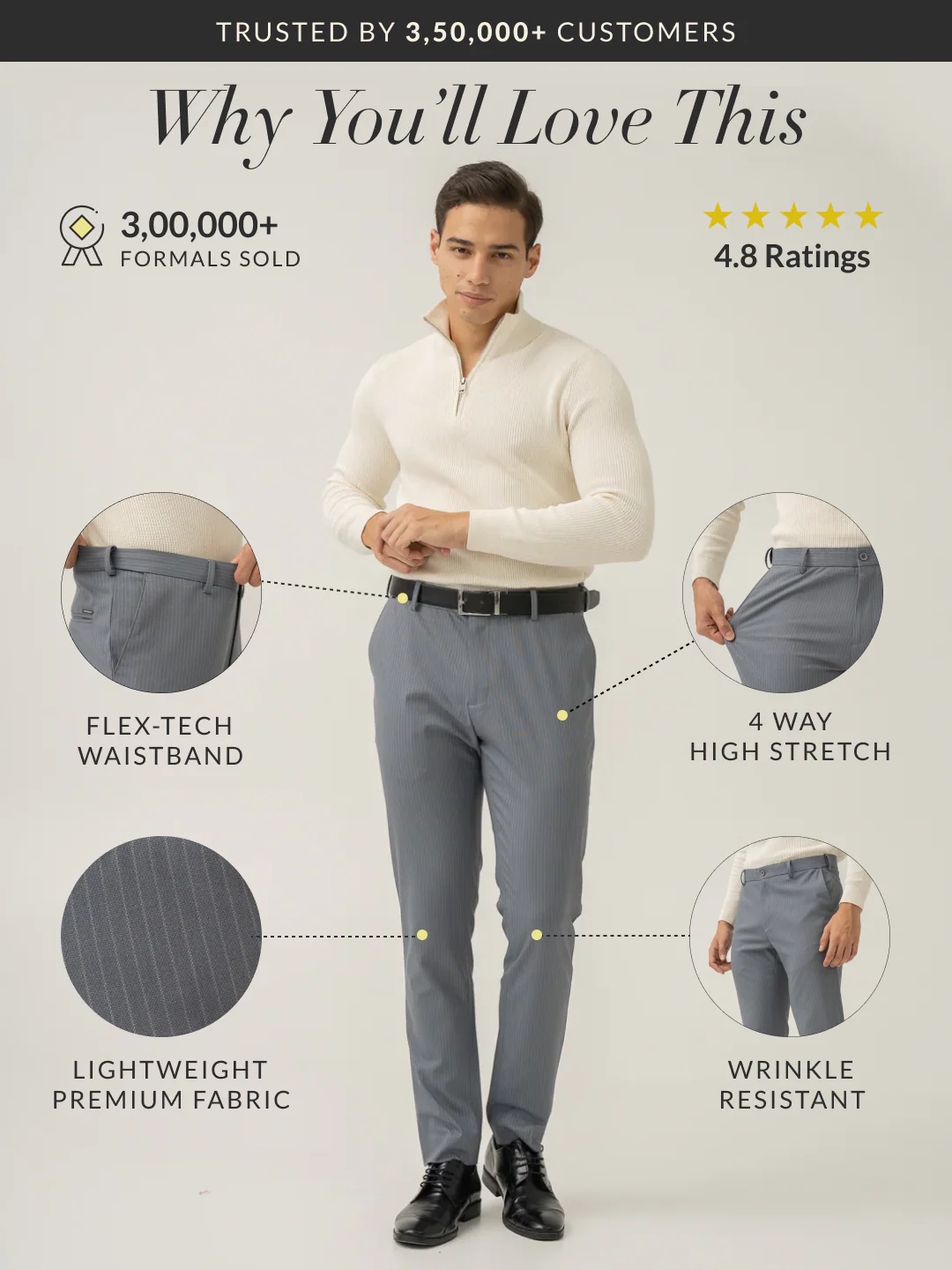 Ash Grey Stripes Slim Fit Stretch Formal Pants - Image 2