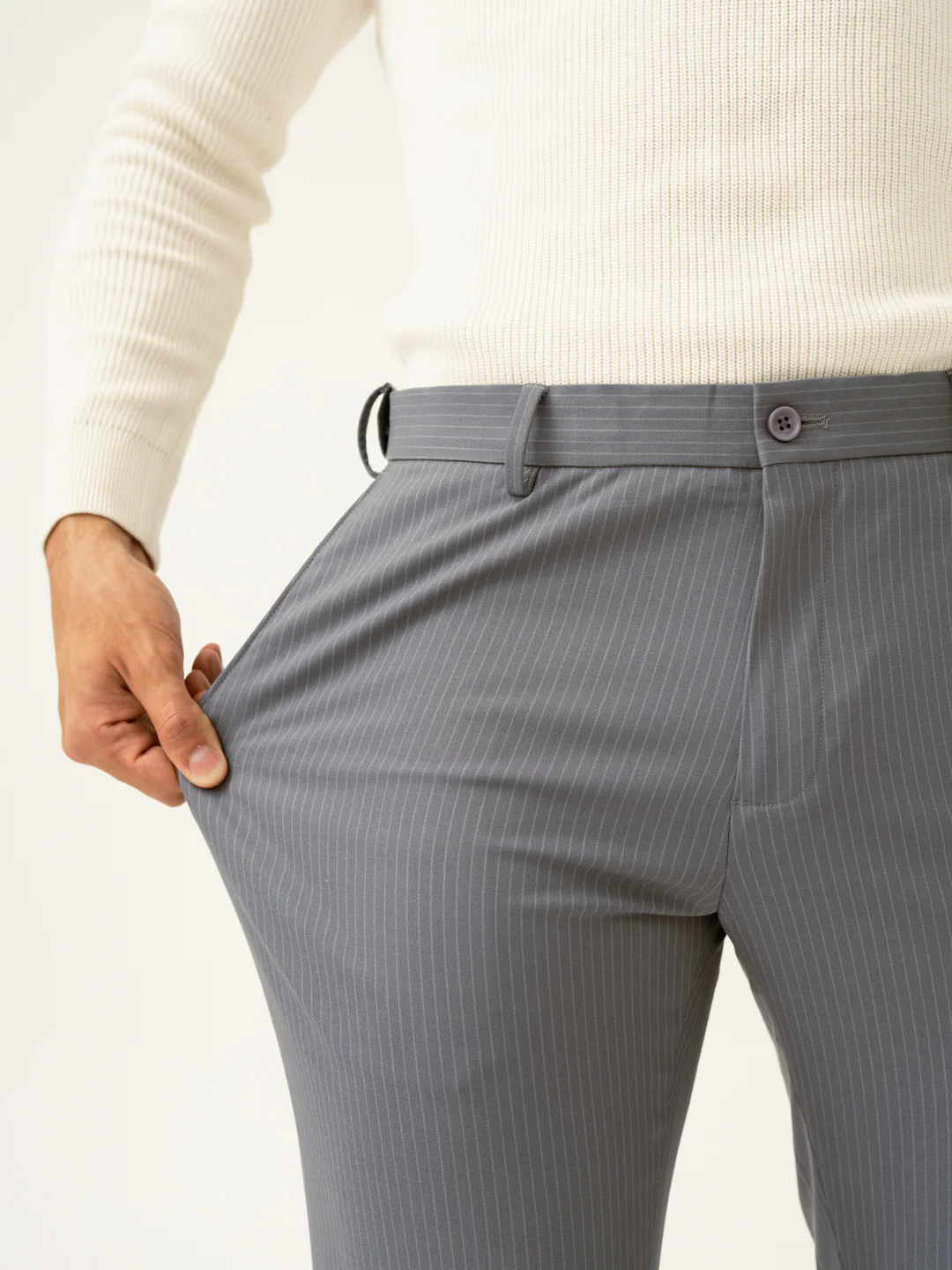 Ash Grey Stripes Slim Fit Stretch Formal Pants - Image 3