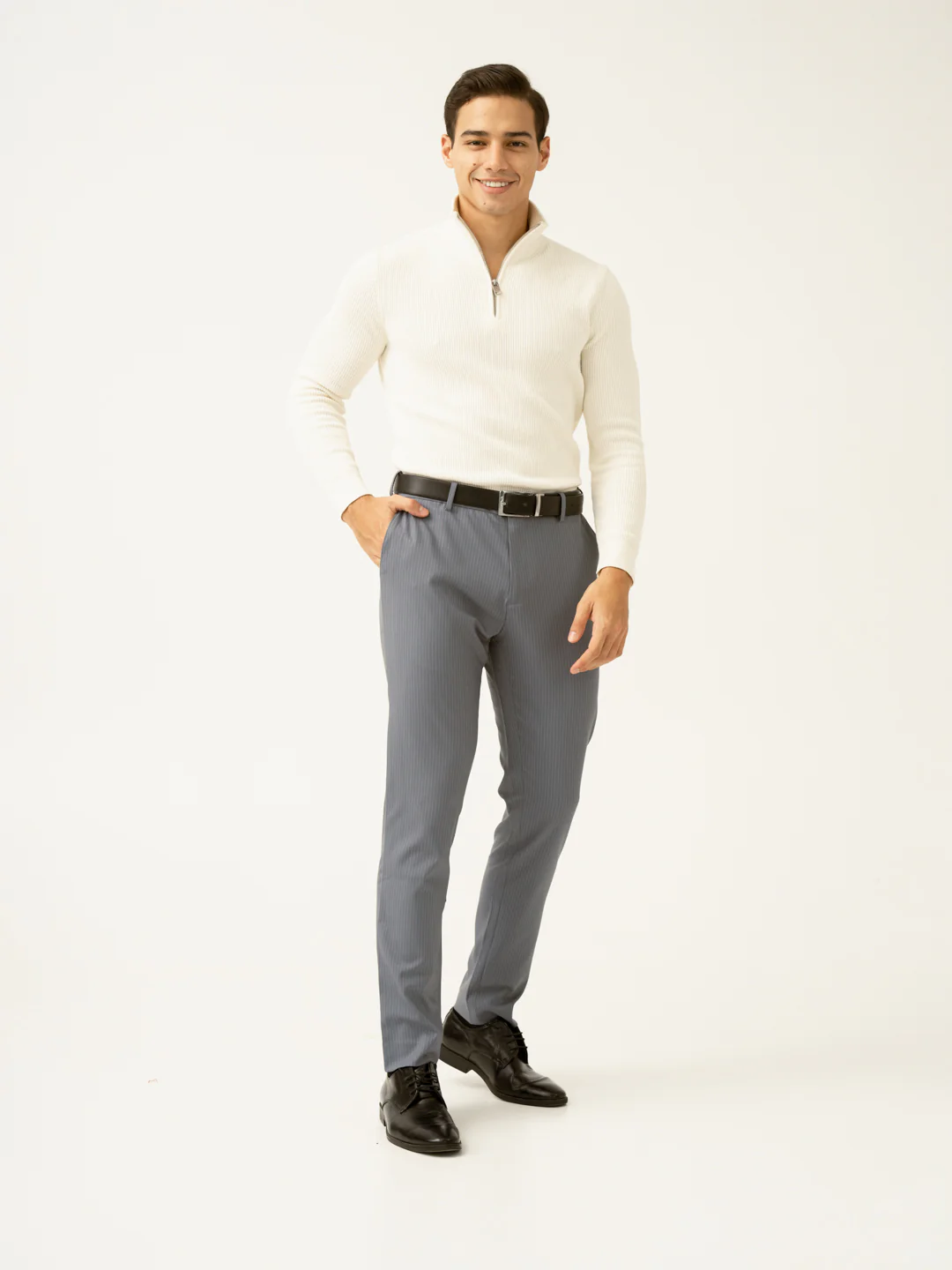 Ash Grey Stripes Slim Fit Stretch Formal Pants - Image 5