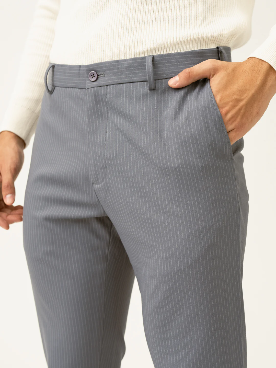 Ash Grey Stripes Slim Fit Stretch Formal Pants - Image 7