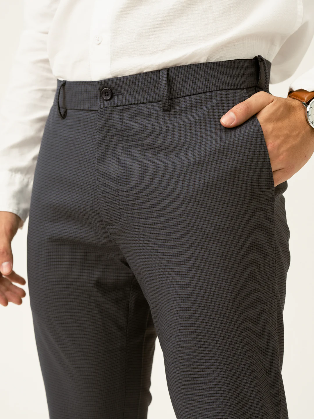 Gunmetal Grey Micro Checks Slim Fit Stretch Formal Pant - Image 8