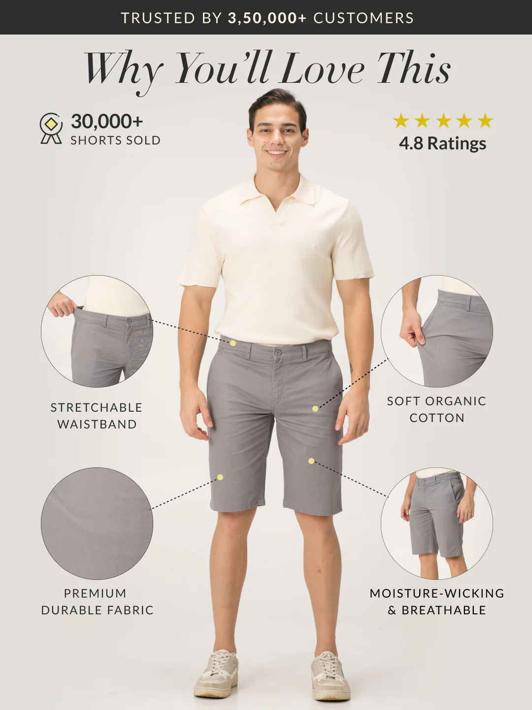 Gustav Grey Stretch Chino Shorts - Image 2
