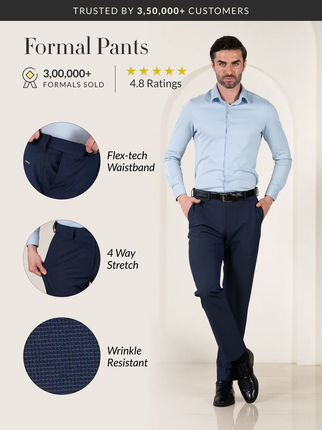 Hades Navy Micro Checks Relaxed Stretch Fit Formal Pants - Image 2