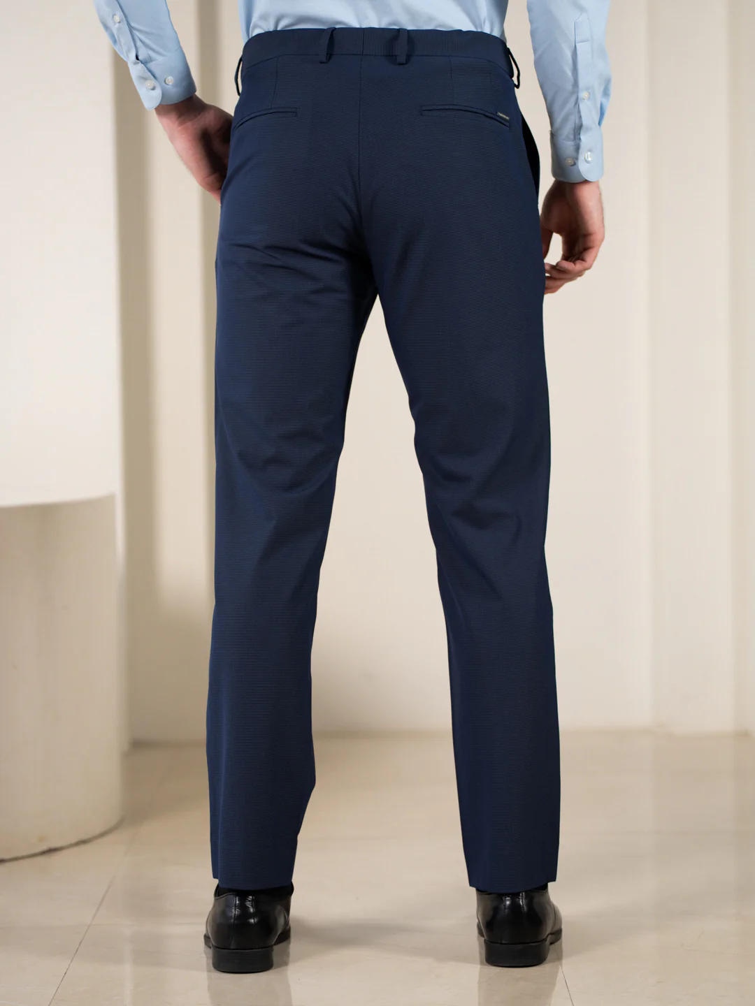 Hades Navy Micro Checks Relaxed Stretch Fit Formal Pants - Image 6