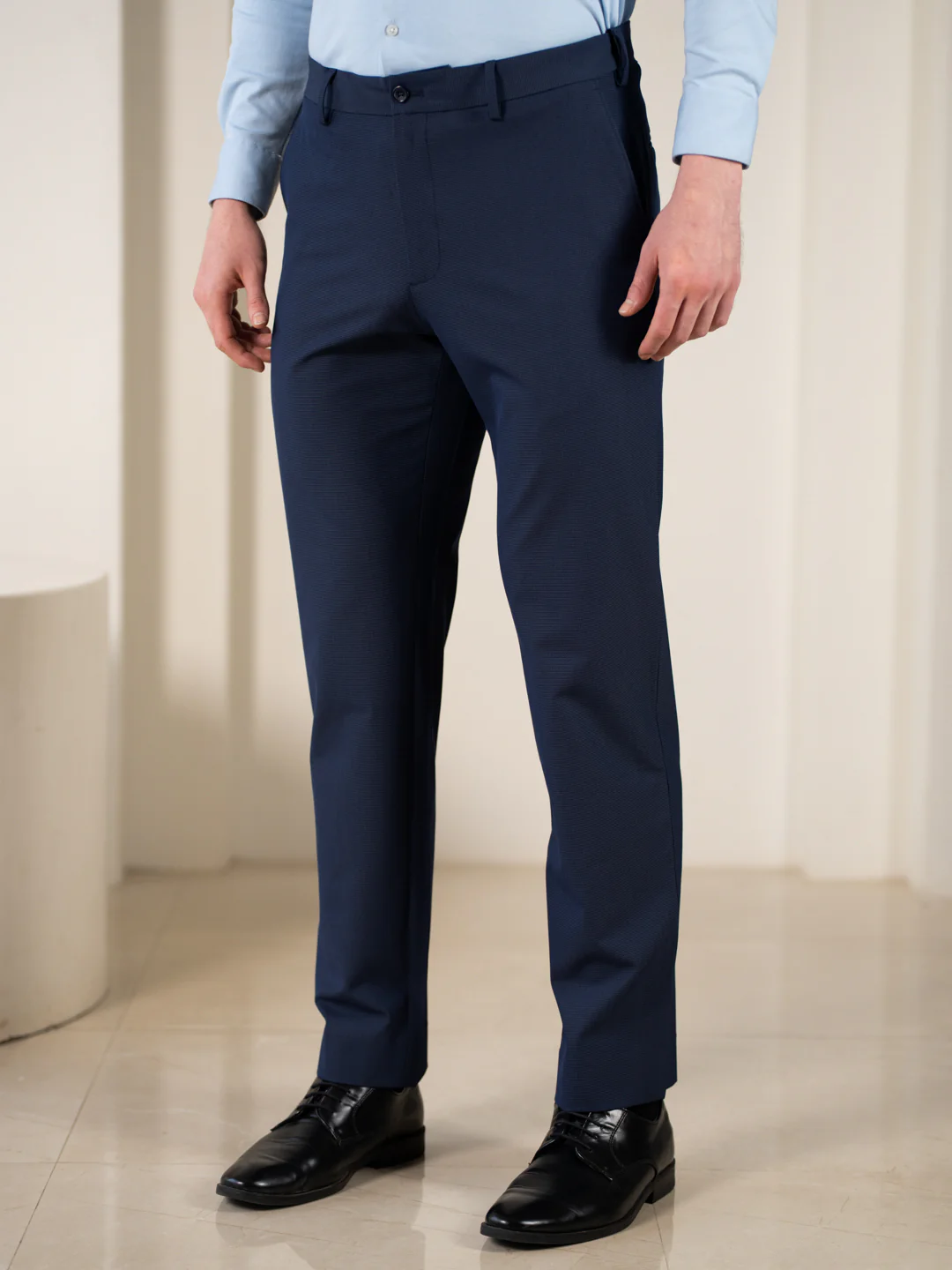 Hades Navy Micro Checks Relaxed Stretch Fit Formal Pants - Image 7