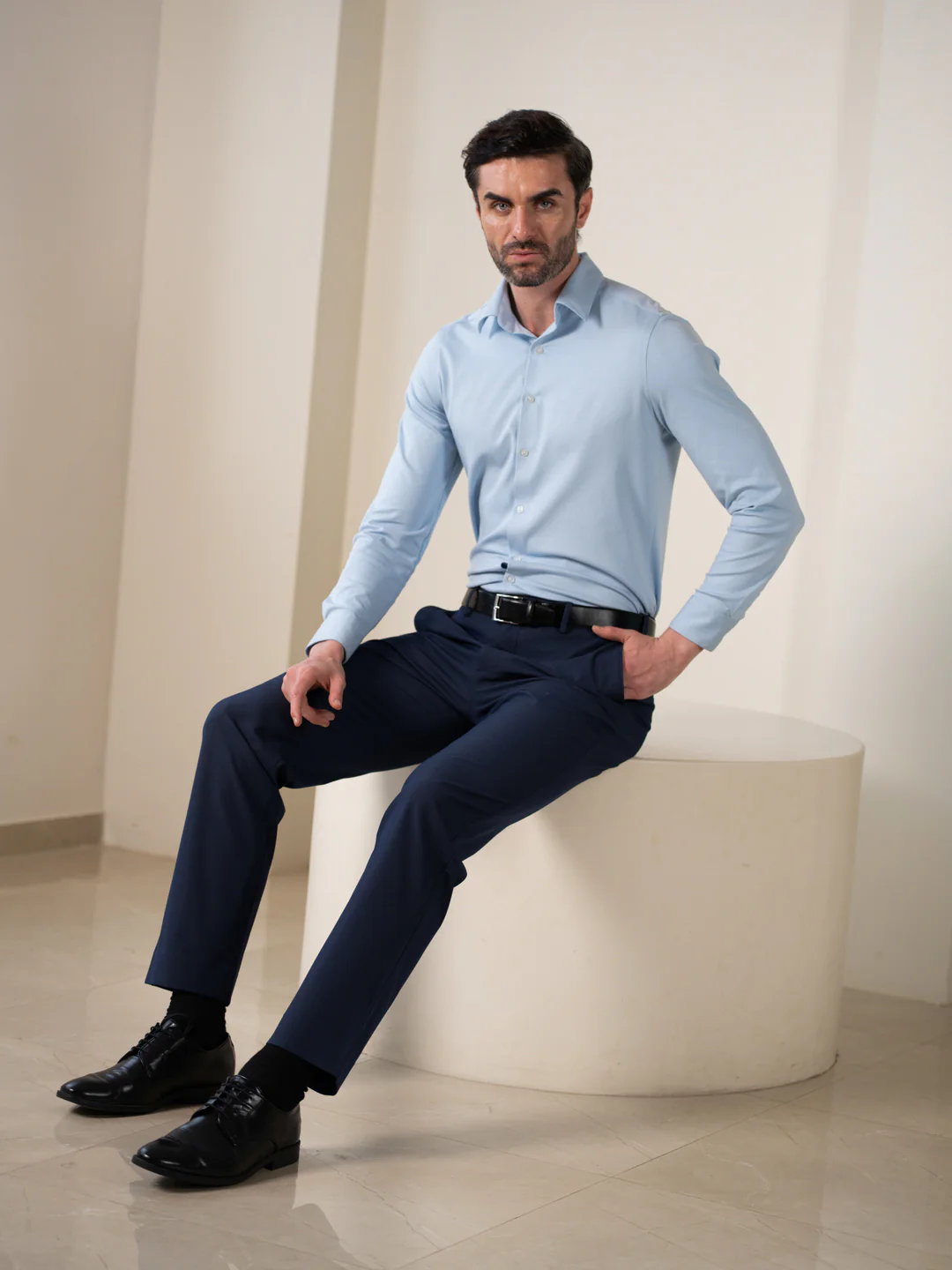 Hades Navy Micro Checks Relaxed Stretch Fit Formal Pants - Image 8