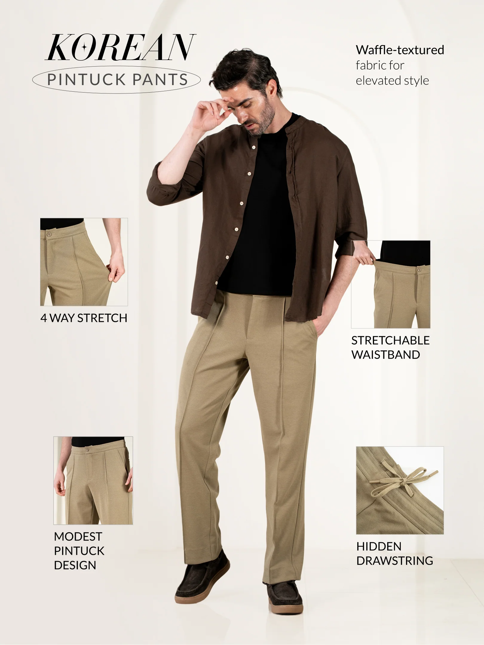 Hawk Khaki Relaxed Fit Power Stretch Korean Pintuck Pants - Image 3