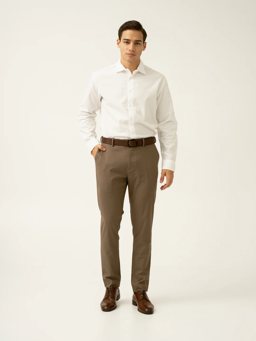 Hazel Brown Micro Checks Slim Fit Stretch Formal Pant - Image 10