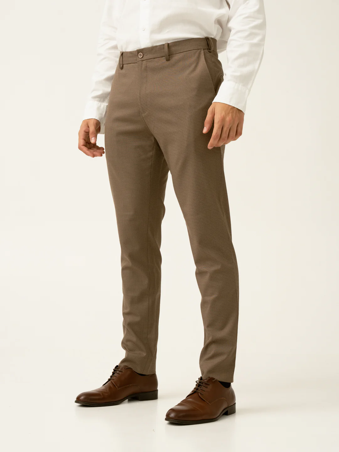 Hazel Brown Micro Checks Slim Fit Stretch Formal Pant - Image 11