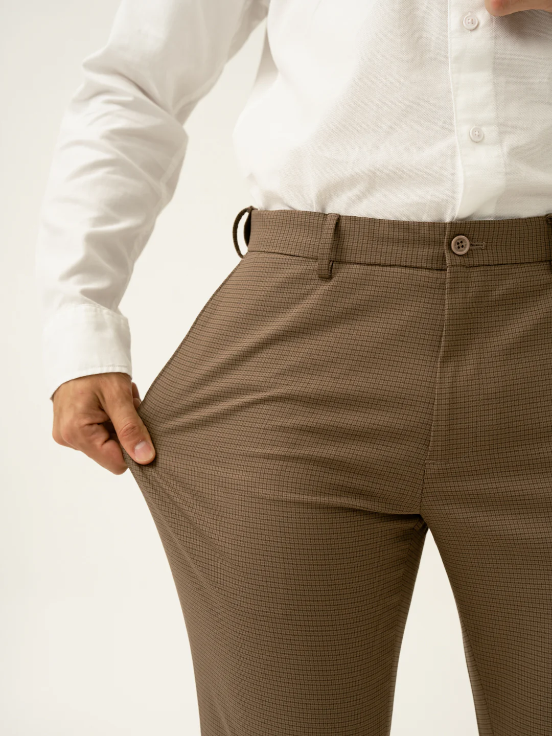 Hazel Brown Micro Checks Slim Fit Stretch Formal Pant - Image 3