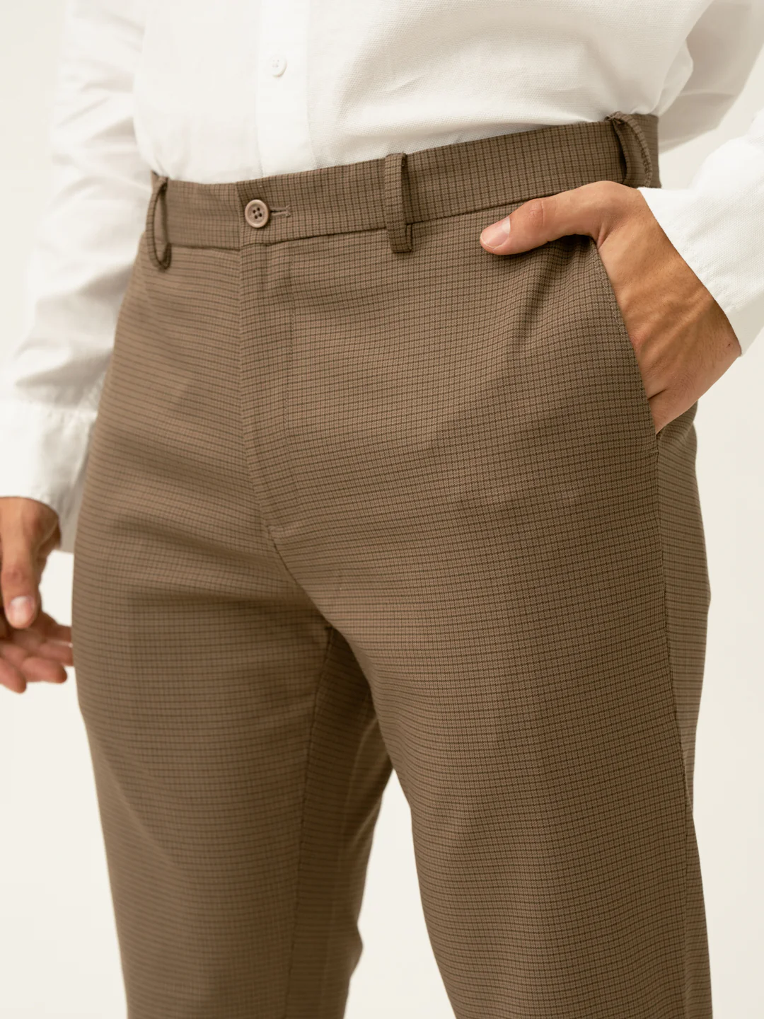 Hazel Brown Micro Checks Slim Fit Stretch Formal Pant - Image 5