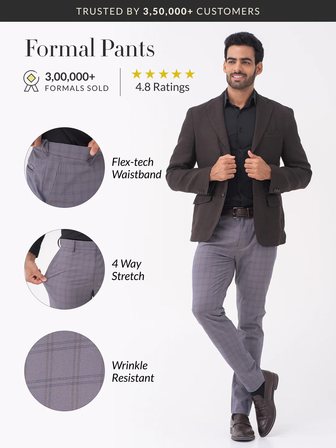 Heron Grey Checks Slim Fit Stretch Formal Pants - Image 2