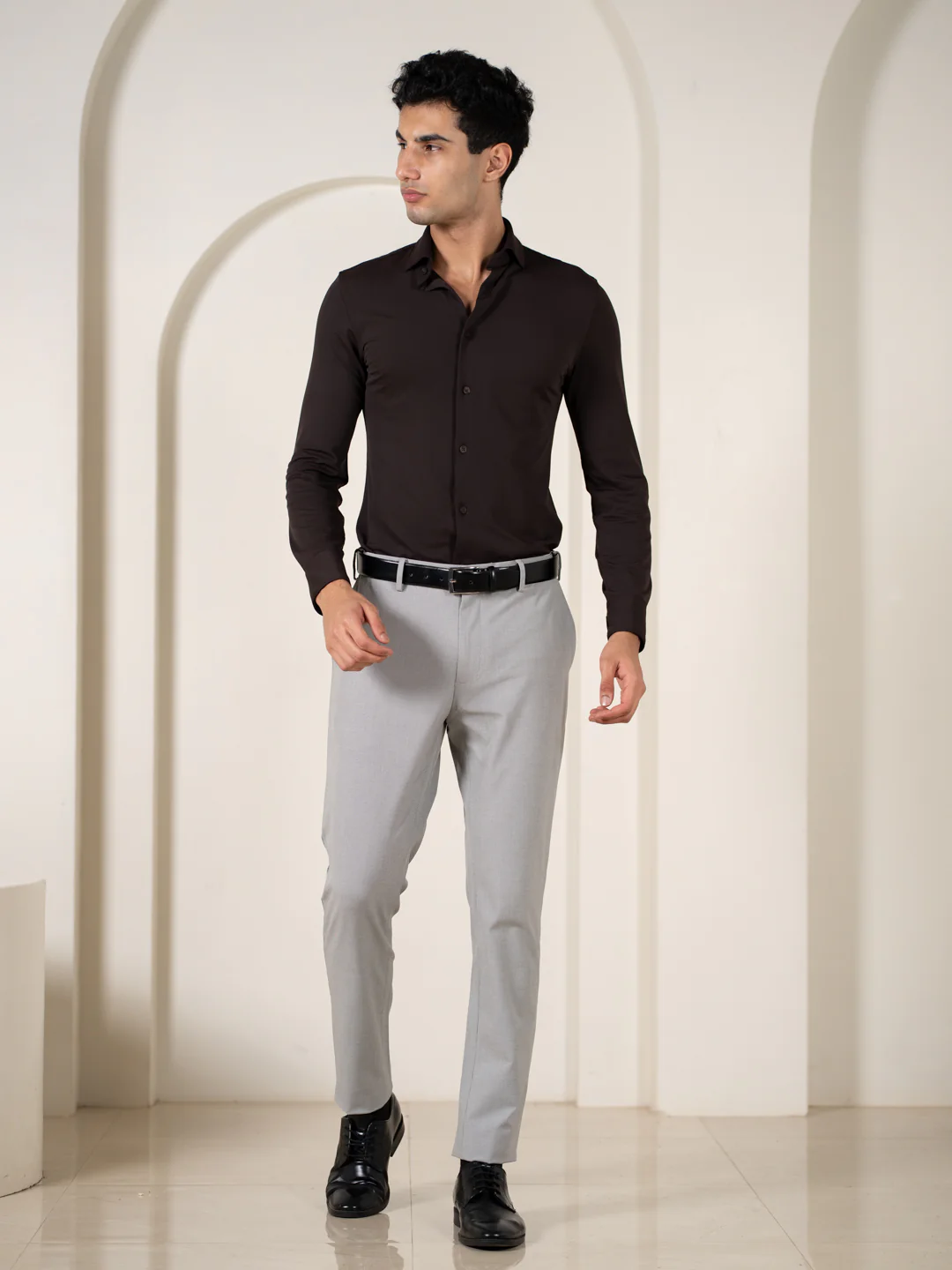 Husky Grey Houndstooth Slim Fit Stretch Formal Pants - Image 2