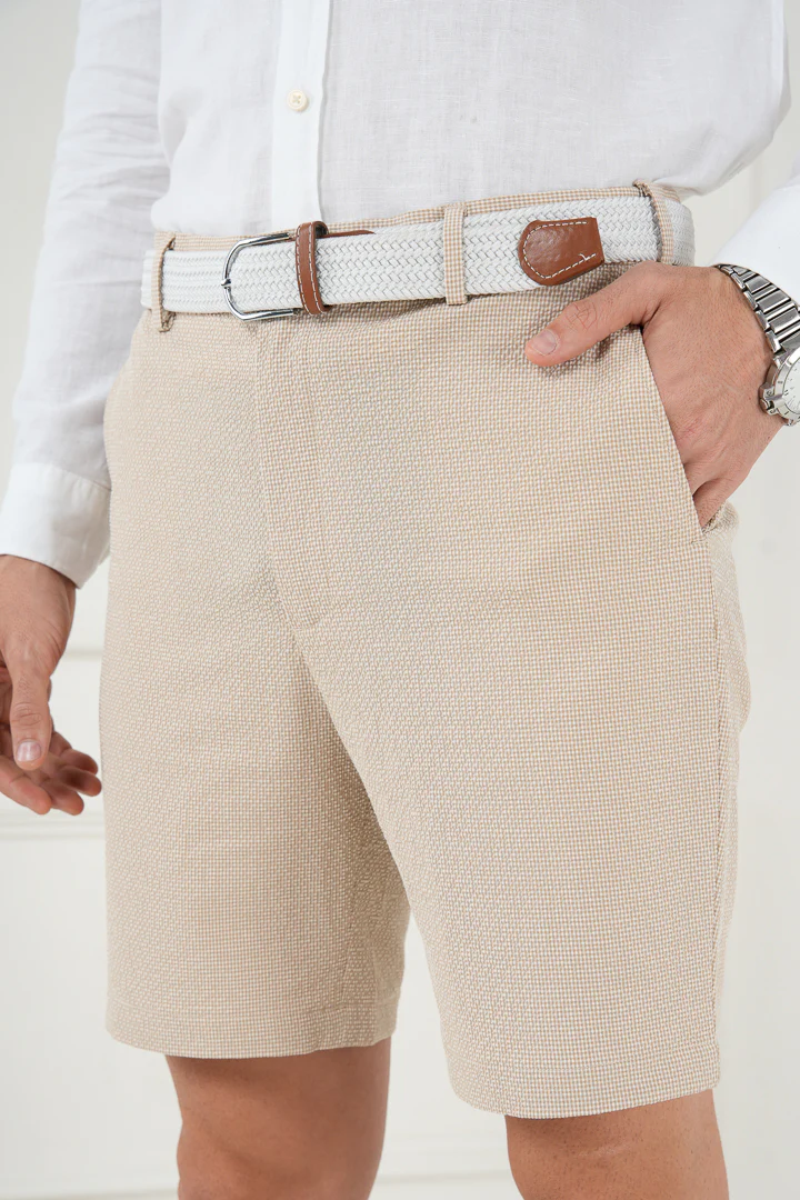 Jaisalmer Khaki Seersucker Checks Chino Shorts - Image 3