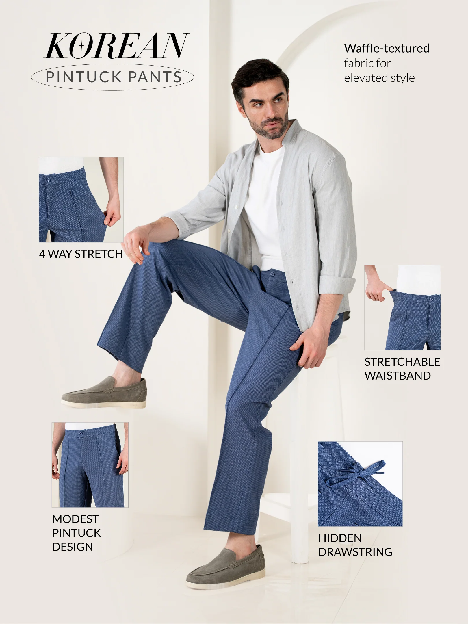 Kai Blue Relaxed Fit Power Stretch Korean Pintuck Pants - Image 3