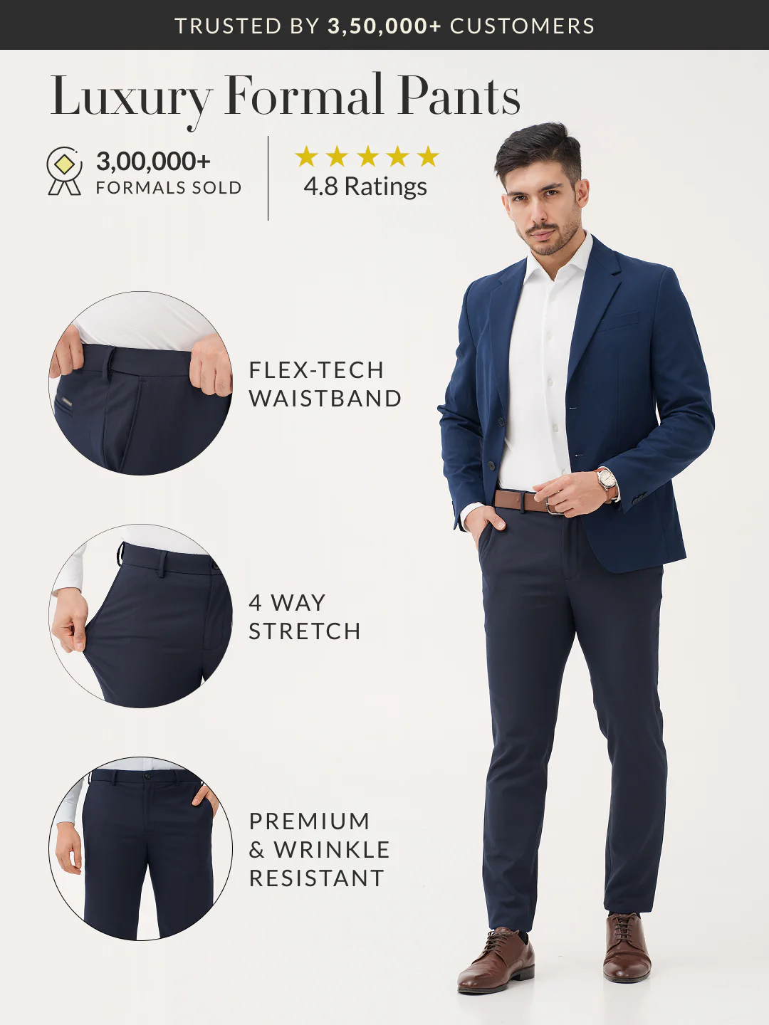 Kairo Navy Luxury Twill Relaxed Fit Stretch Formal Pants - Image 3