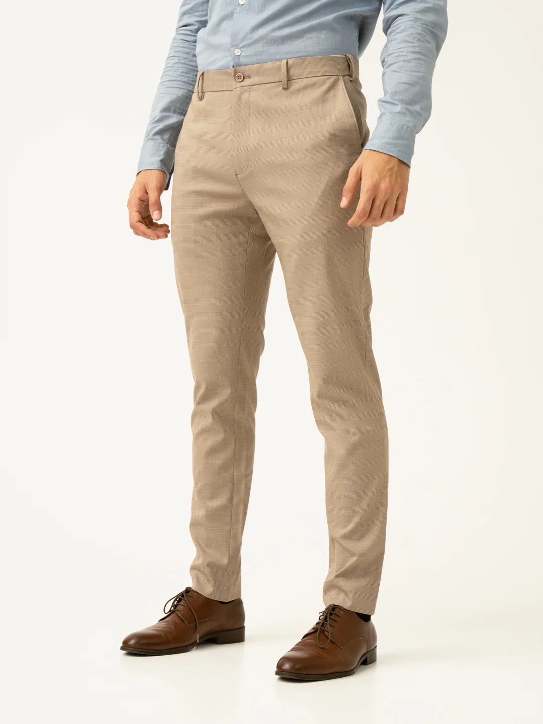 Sand Beige Checks Formal Slim Fit Stretch Pants - Image 10