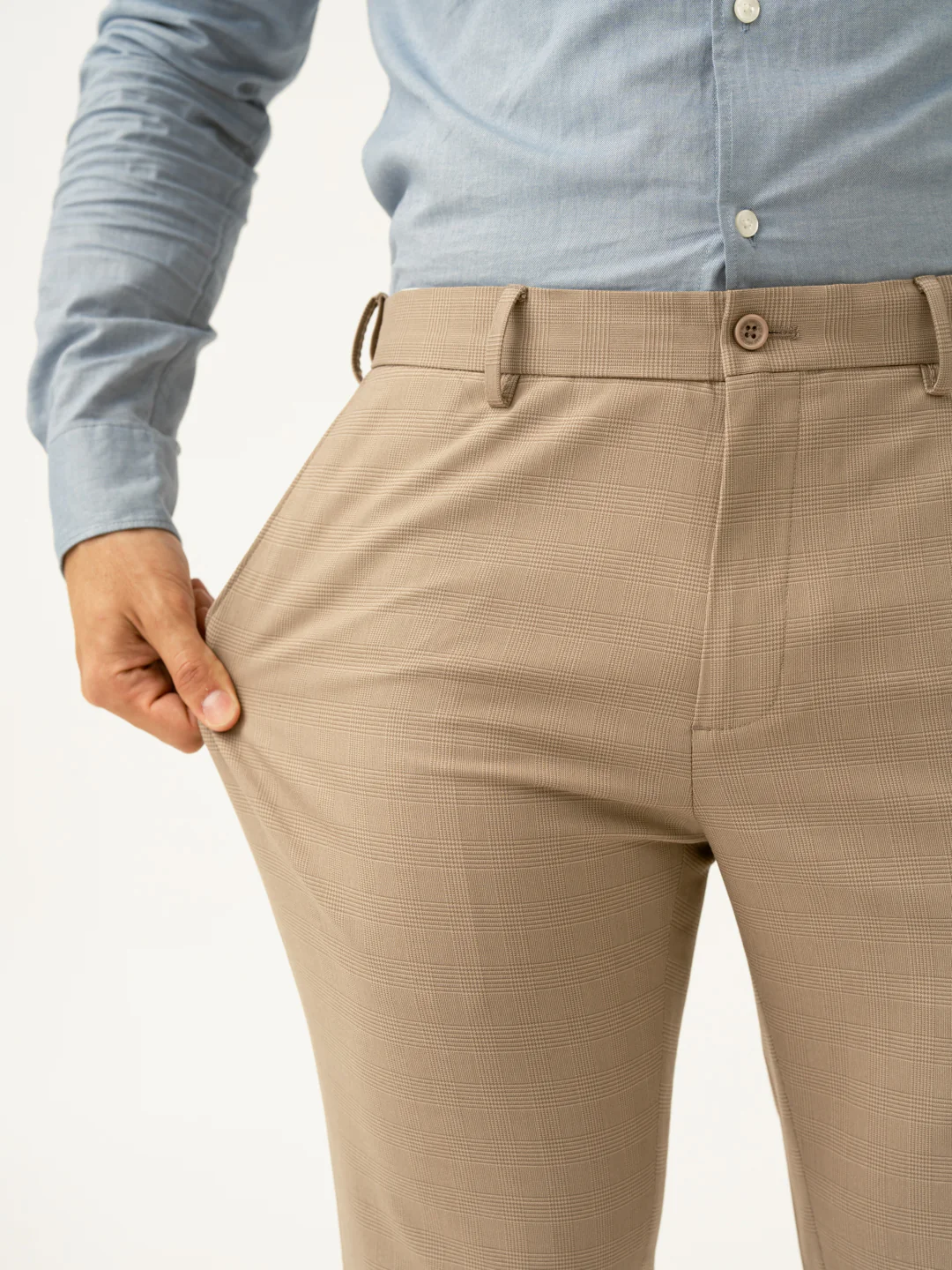 Sand Beige Checks Formal Slim Fit Stretch Pants - Image 3