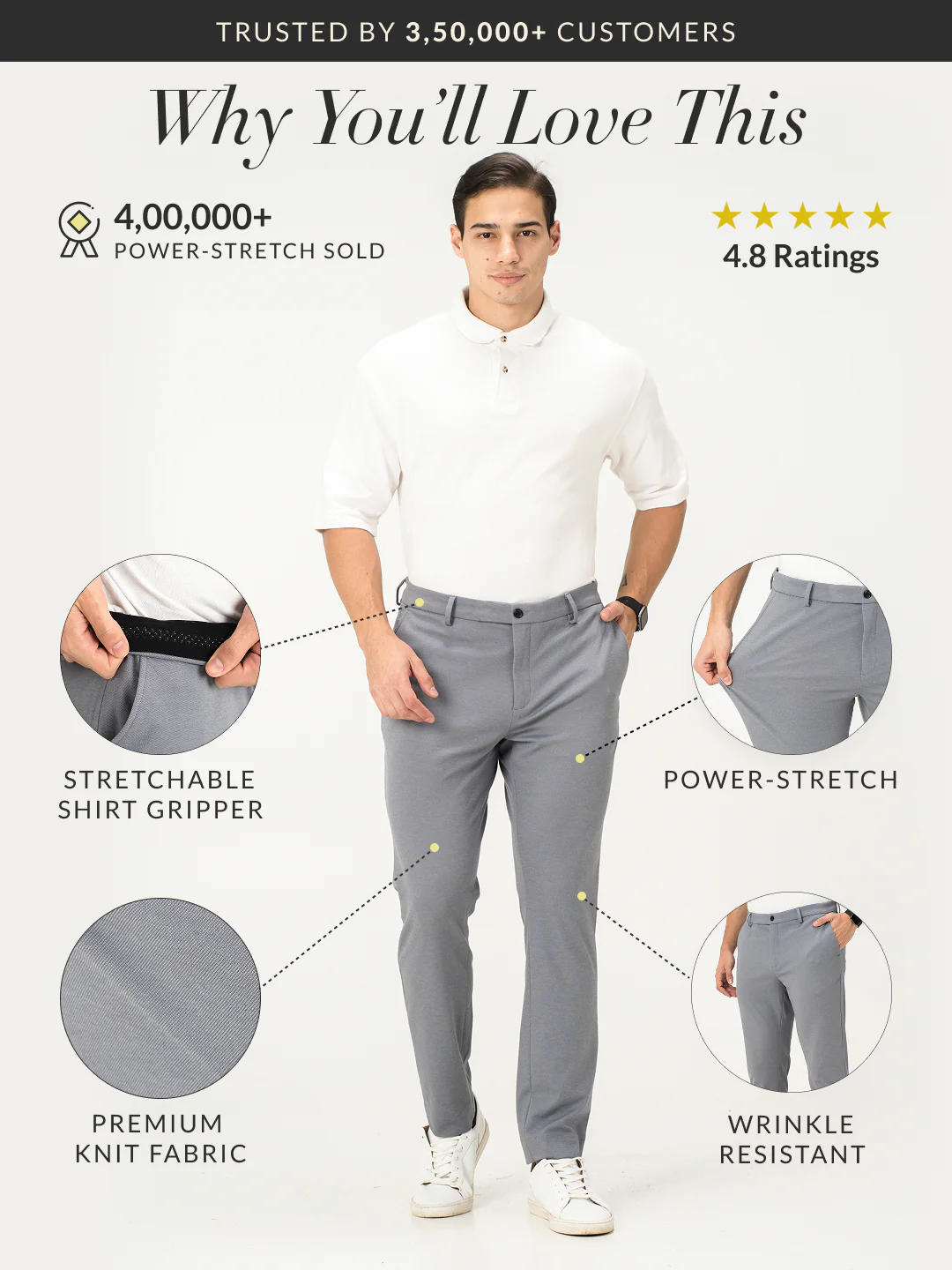 Light Grey Slim Fit Power Stretch Pants - Image 3