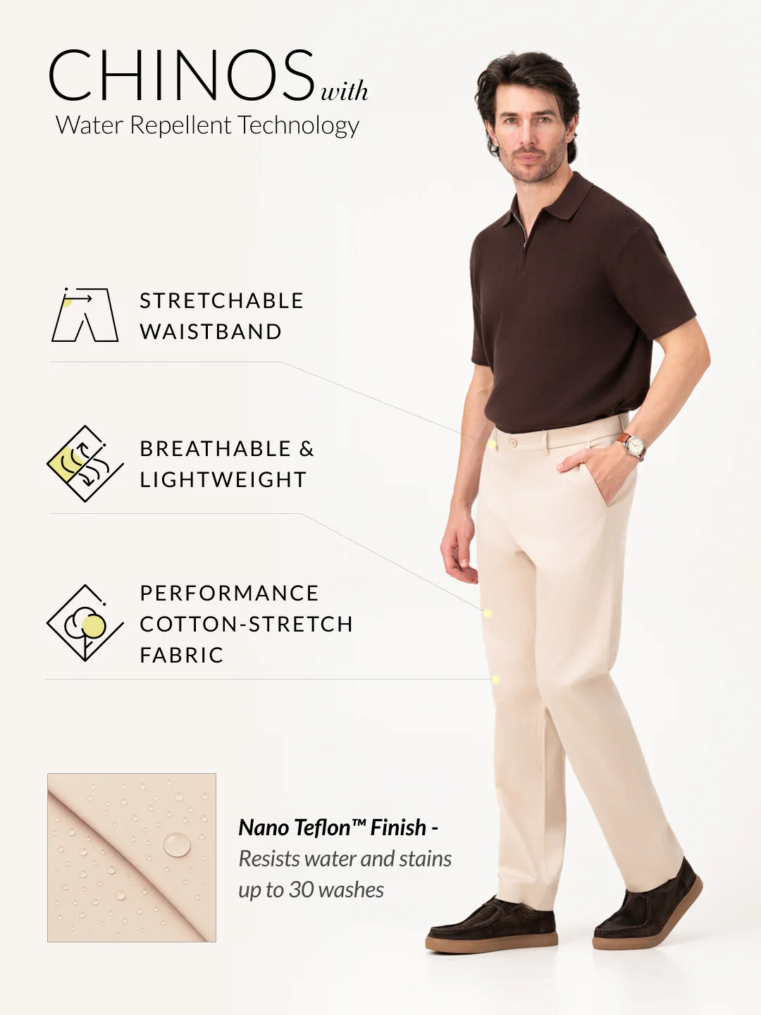 Lumora Cream Relaxed Fit Stretch Chinos for Men - Image 3