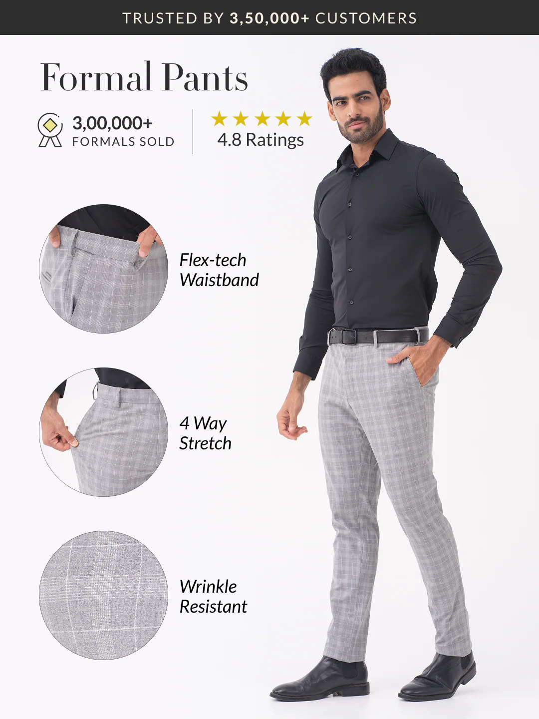 Lynx Grey Checks Slim Fit Stretch Formal Pants - Image 2