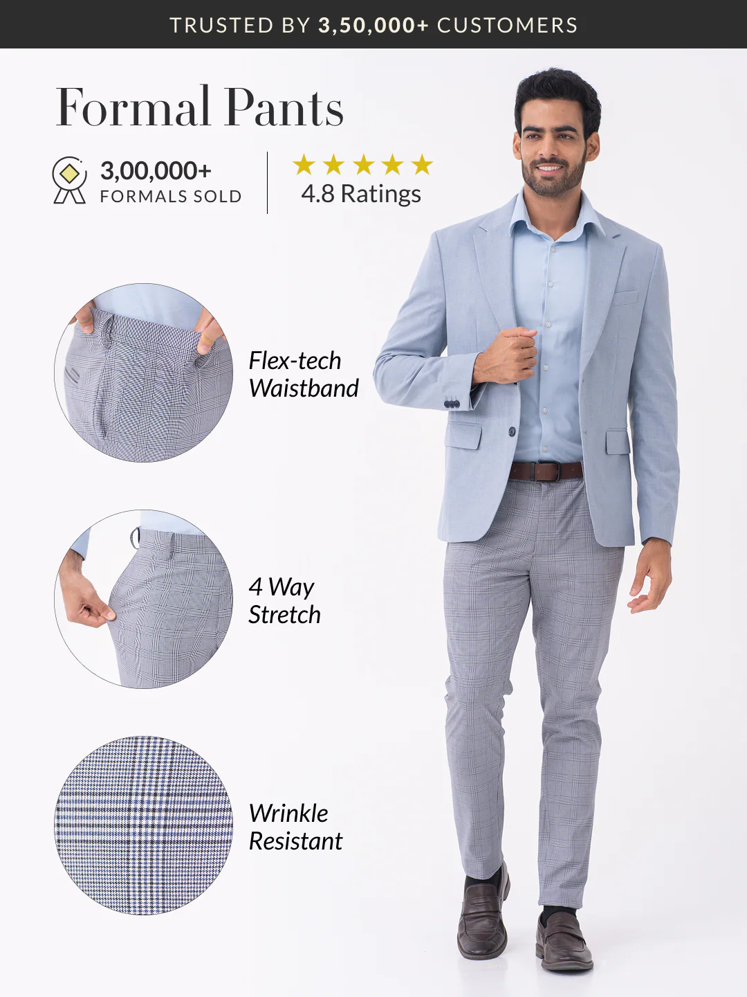 Macaw Black Blue Houndstooth Checks Slim Fit Stretch Formal Pants - Image 2