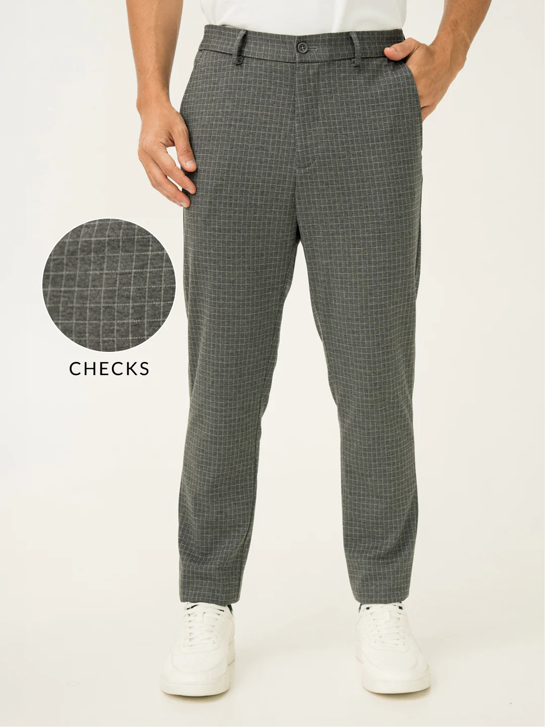 Medium Grey Checks Slim Fit Power Stretch Pants - Image 2