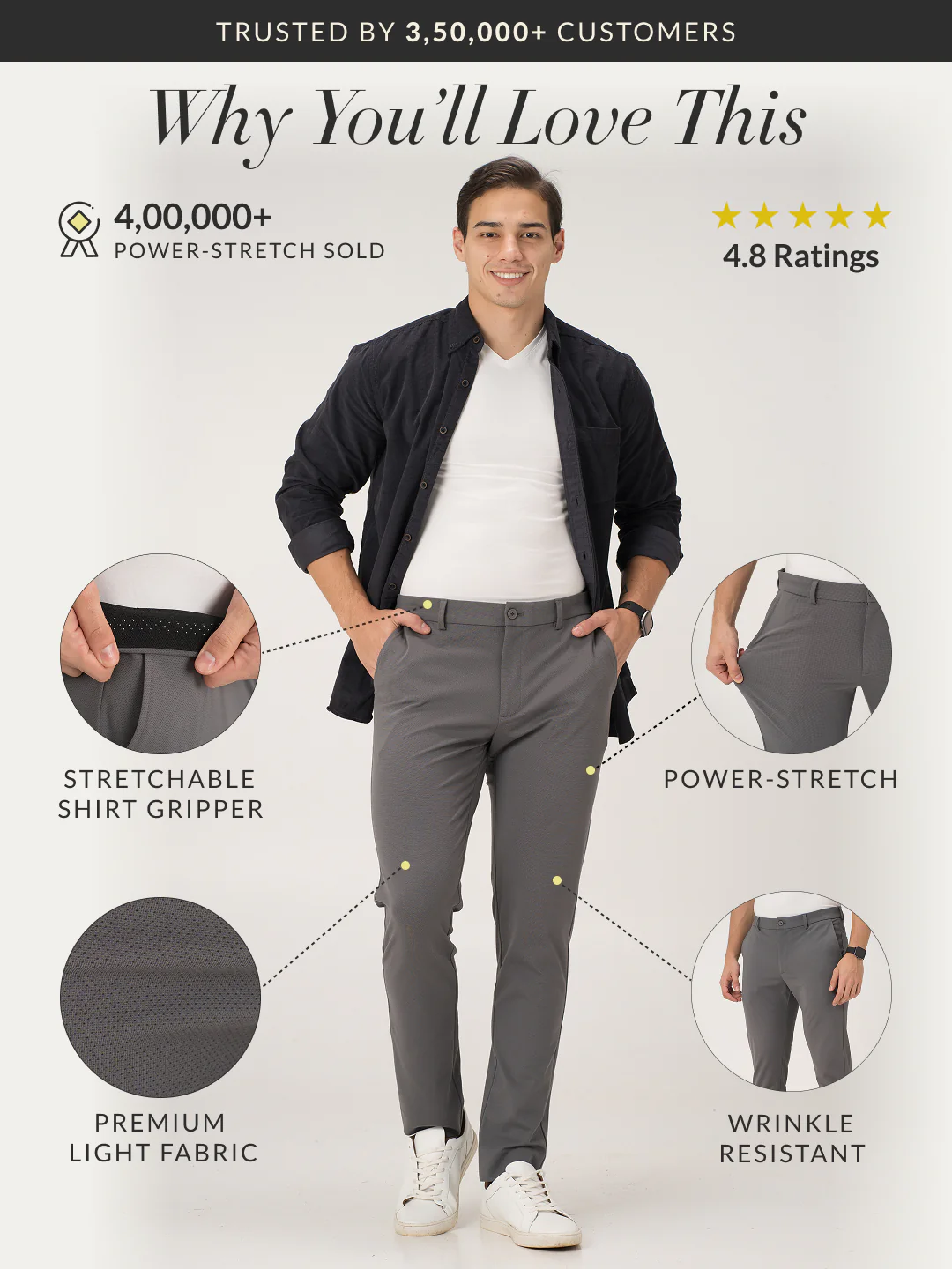 Mercury Grey Slim Fit Lightweight Power Stretch Pants - Image 3