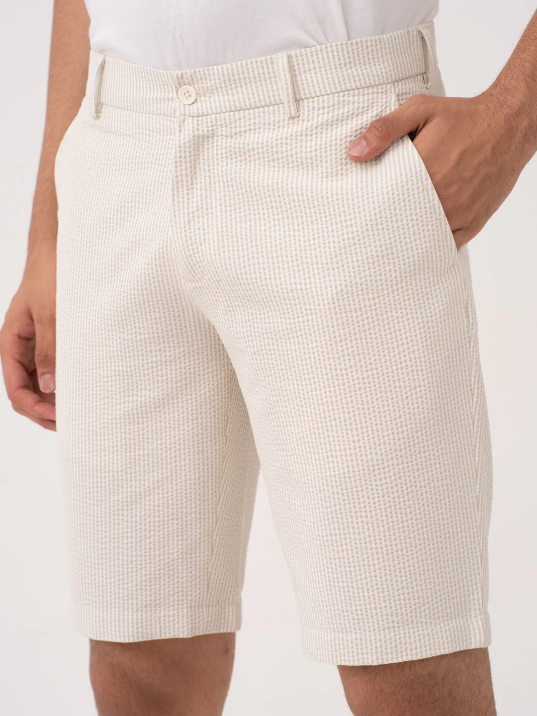 Milo Beige Stripes Seersucker Chino Shorts - Image 3