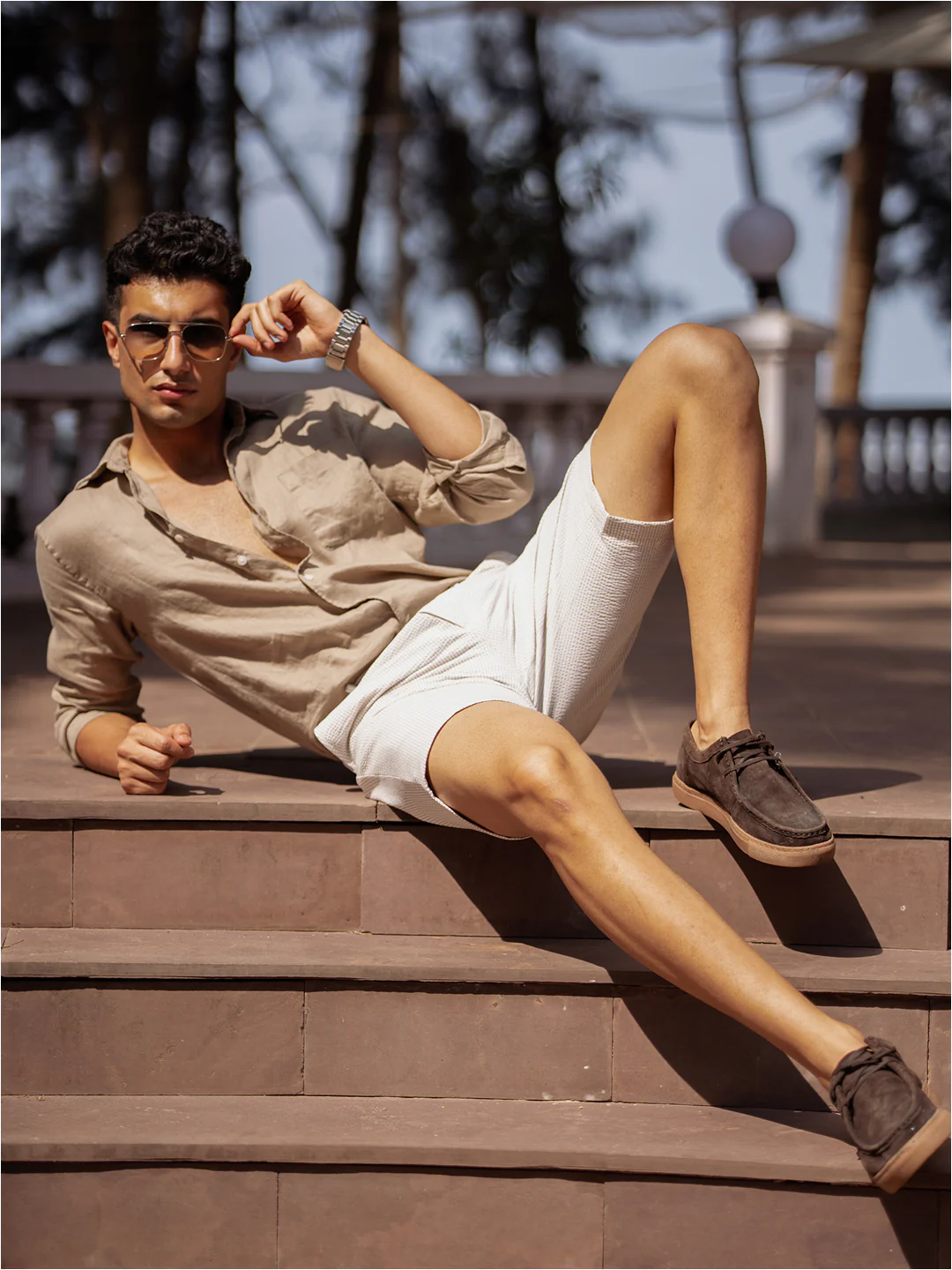 Milo Beige Stripes Seersucker Chino Shorts - Image 4