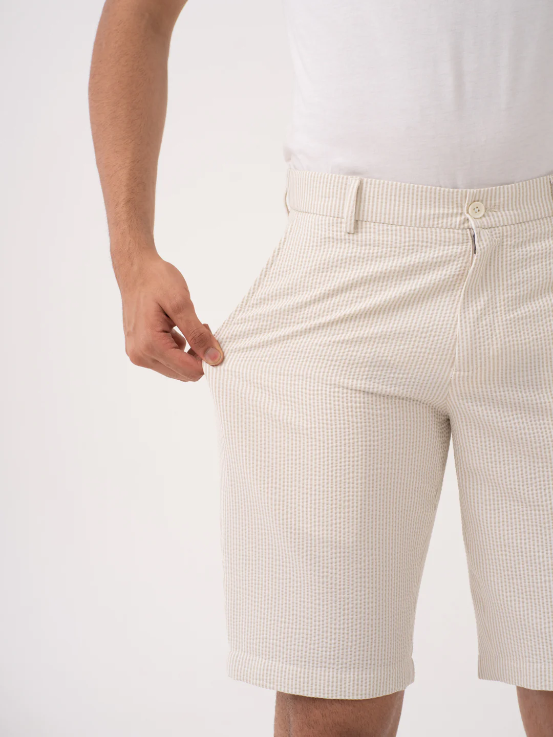 Milo Beige Stripes Seersucker Chino Shorts - Image 5