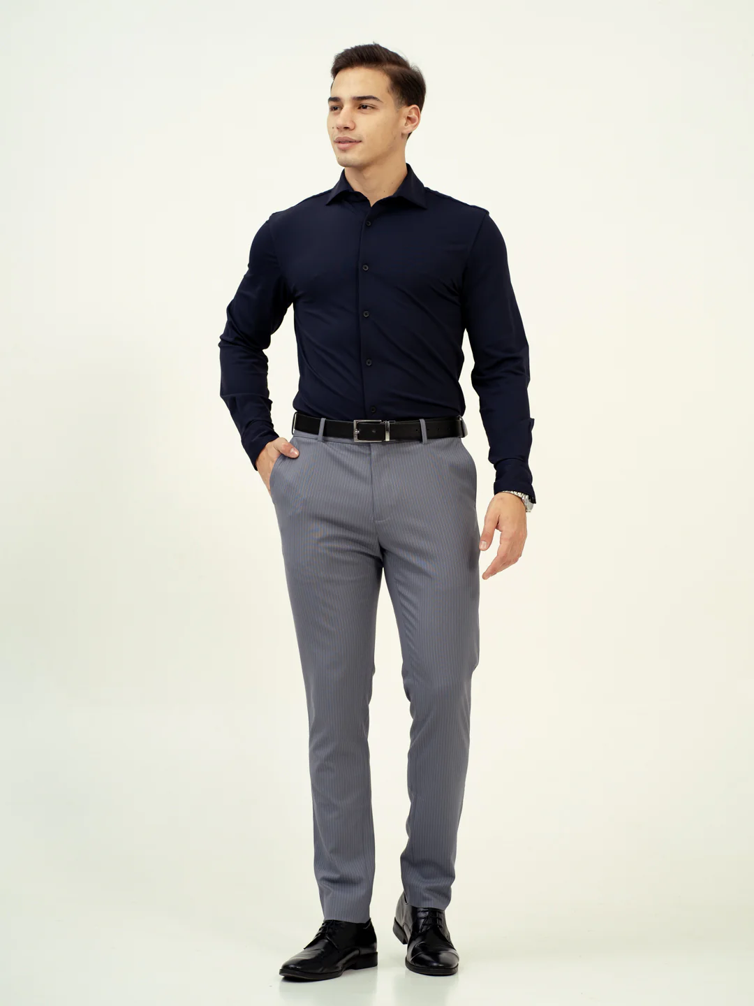 Mist Grey Stripes Stretch Formal Pants - Image 2