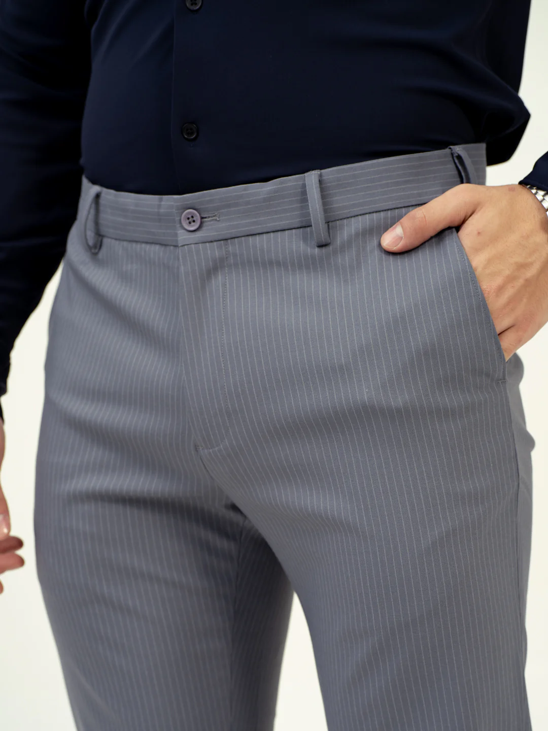 Mist Grey Stripes Stretch Formal Pants - Image 7