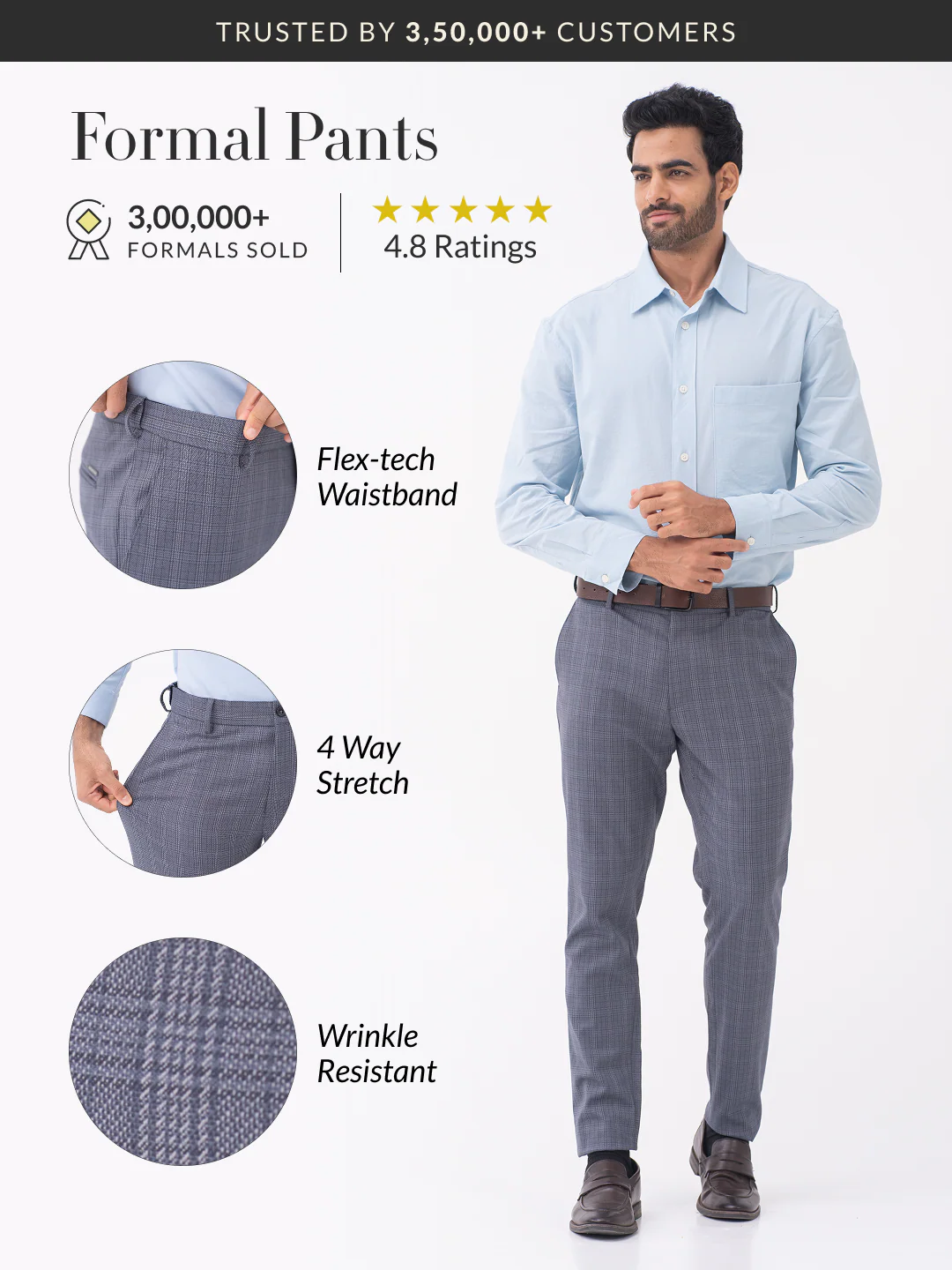 Mockingbird Grey Checks Slim Fit Stretch Formal Pants - Image 2