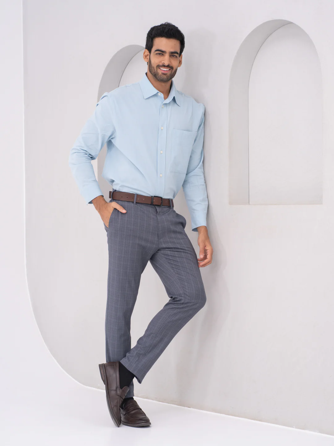 Mockingbird Grey Checks Slim Fit Stretch Formal Pants - Image 5