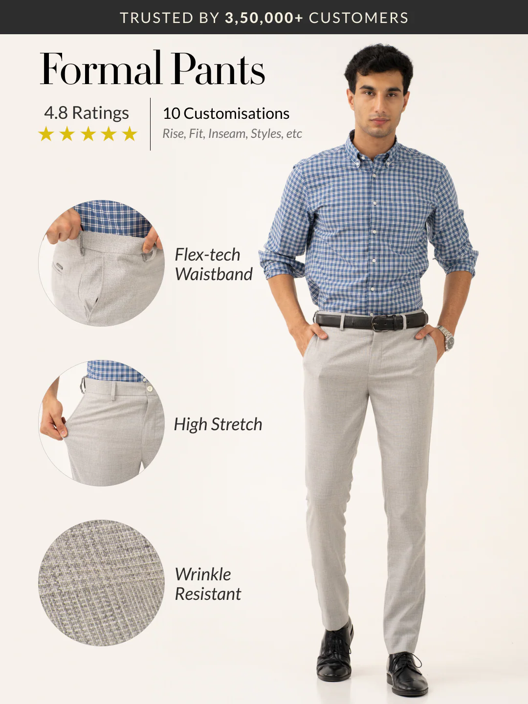 Moonlit Grey Checks Stretch Formal Pants - Image 2